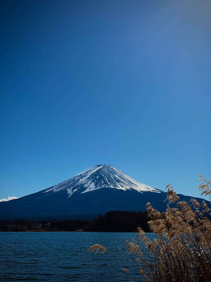 Services Scenic view of snow-capped Mount Fuji with a tranquil lake in the foreground under a clear blue sky.